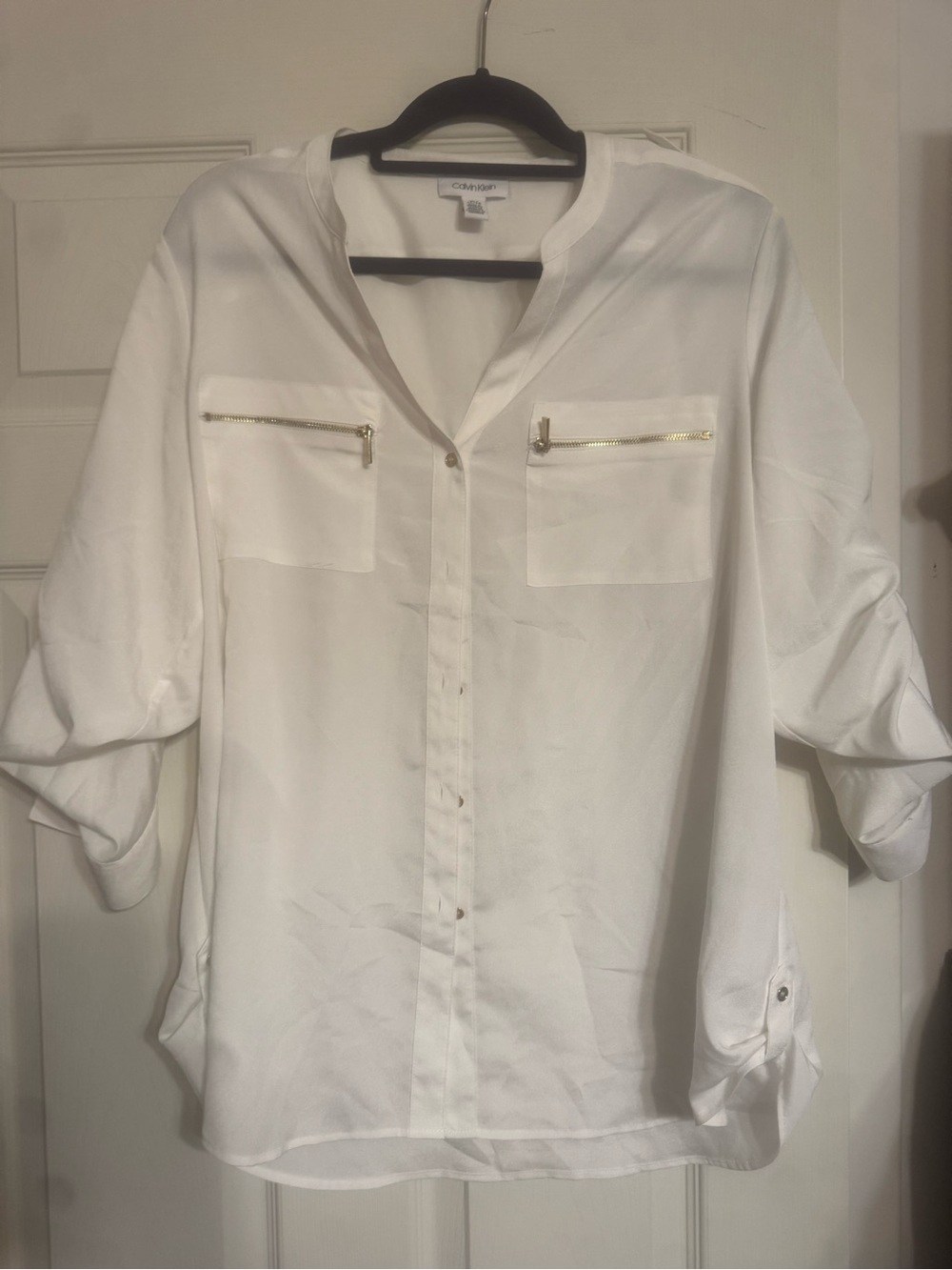Calvin Klein White Button-Down Blouse with Gold Zippers & Gold Buttons - XL